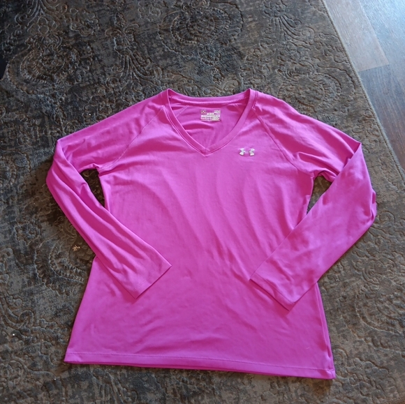 UNDER ARMOUR Heat Gear V-Neck Pink Activewear Pullover Shirt Women's Size Large - Picture 1 of 5